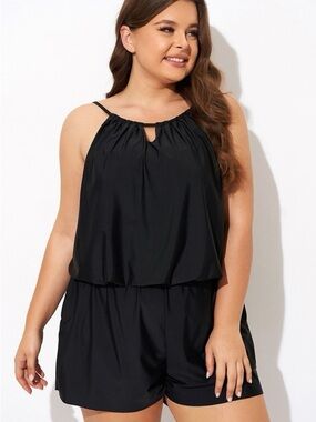 Aqua Green Black Romper Swimsuit with Pockets
